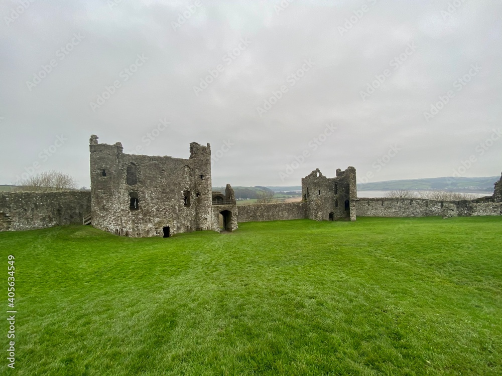 View of Llansteffan castle in Carmarthenshire, Wales, UK