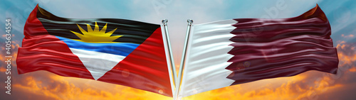 Obraz na płótnie Double Flag Qatar and Antigua and Barbuda flag waving flag with texture sky back