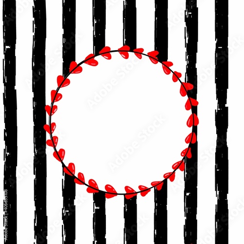 Red heart confetti seamless pattern on striped background. Red, white, black color.