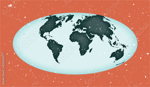 World Map Poster. Aitoff projection. Vintage World shape with grunge texture. Appealing vector illustration.