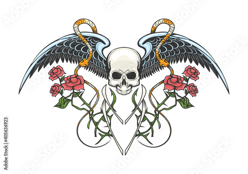 Skull with Wings Snakes and Rose branches Tattoo