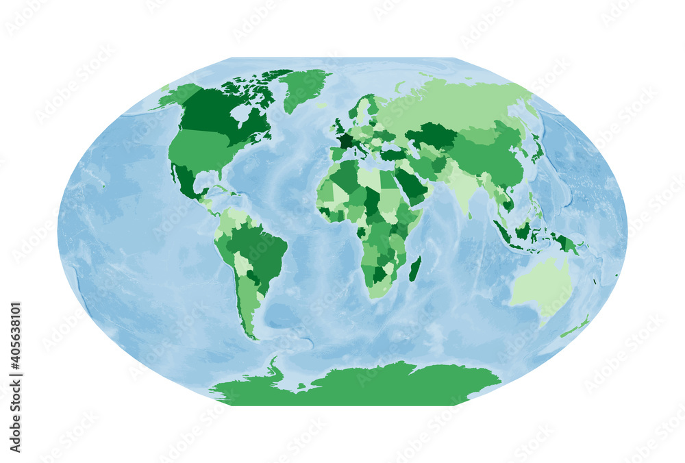 World Map. Winkel tripel projection. World in green colors with blue ...