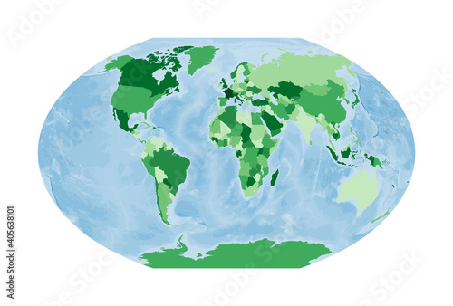 World Map. Winkel tripel projection. World in green colors with blue ocean. Vector illustration.