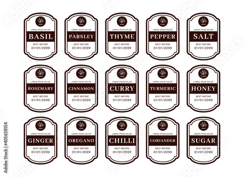 Kitchen seasoning pantry label organizer in brown white classic style vector set collection