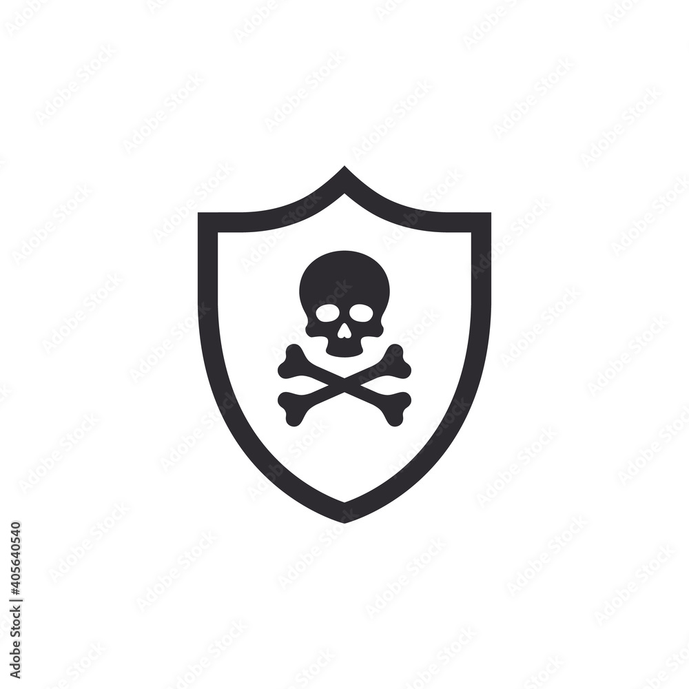Shield icon. Security vector icon. Protection icon. Active safety. Guard badge. Protection from poison. Danger warning icon. Skull with bones. Alert sign. Poisonous substance. Threat of poisoning. Shield icon. Security vector icon. Protection icon. Active safety. Guard badge. Protection from poison. Danger warning icon. Skull with bones. Alert sign. Poisonous substance. Threat of poisoning.