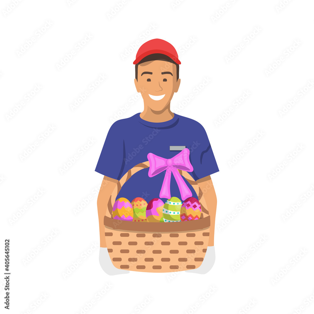 Happy Easter.Man wearing mask and gloves, holding a basket with Easter eggs. Spring holiday. Delivery. Stock illustration. Happy Easter.Man wearing mask and gloves, holding a basket with Easter eggs. Spring holiday. Delivery. Stock illustration.
