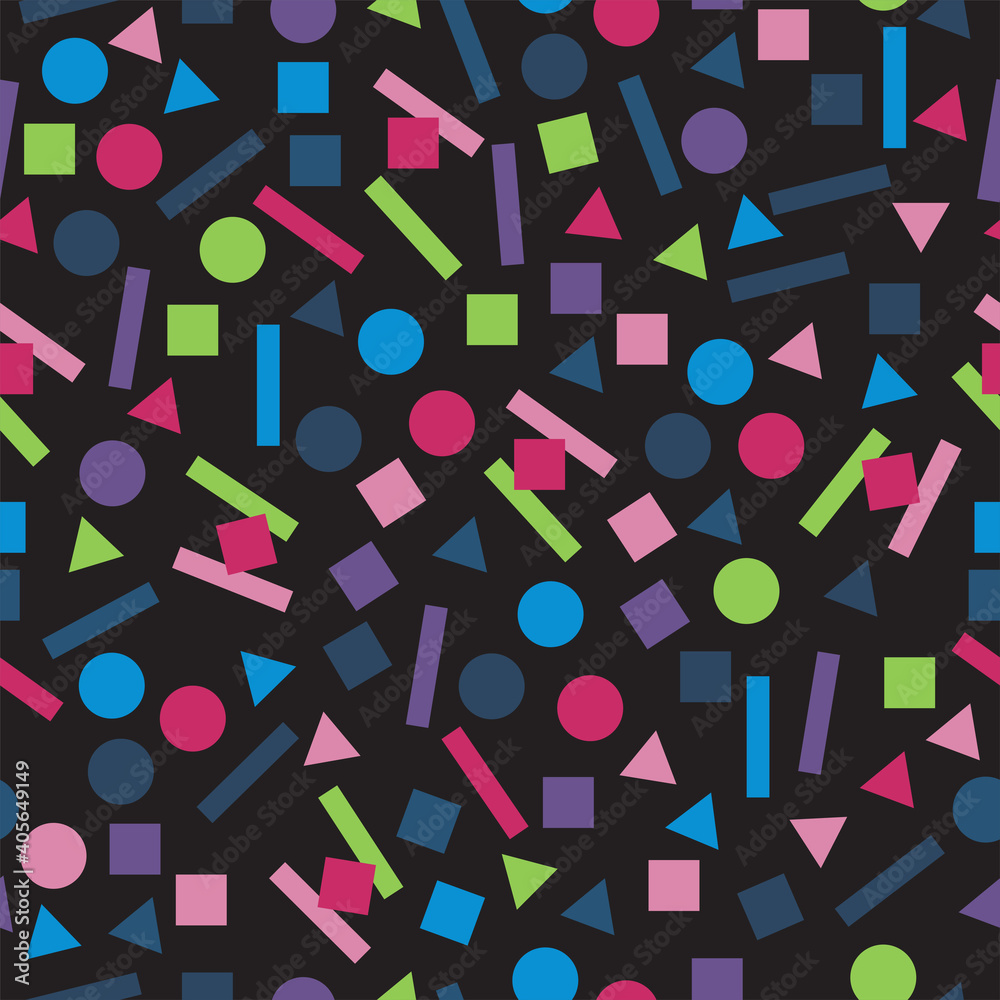 Geometric shapes in light colors on black background, seamless pattern, vector