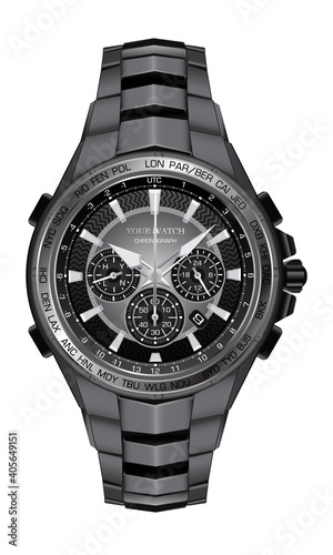 Realistic watch clock chronograph steel black face for men design luxury on white background vector illustration.