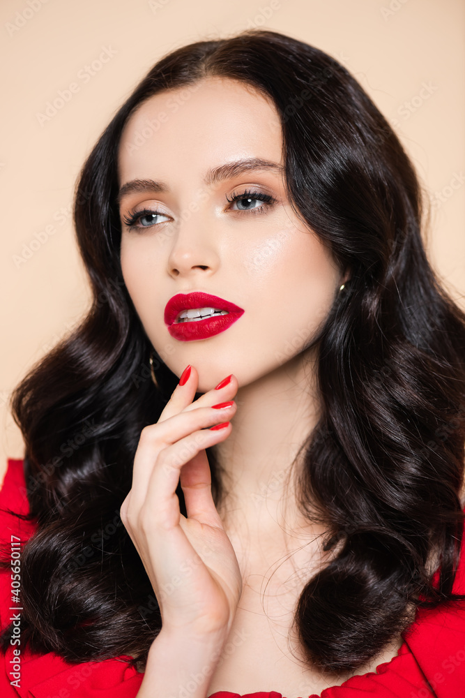 brunette young woman with red lips isolated on pink brunette young woman with red lips isolated on pink