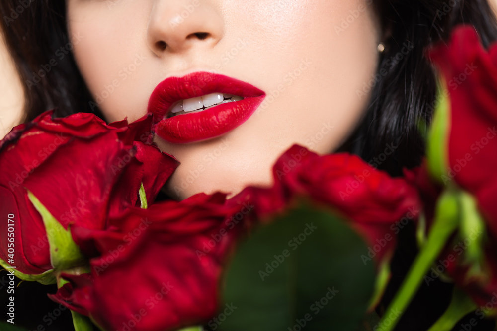close up of young woman with near red roses close up of young woman with near red roses