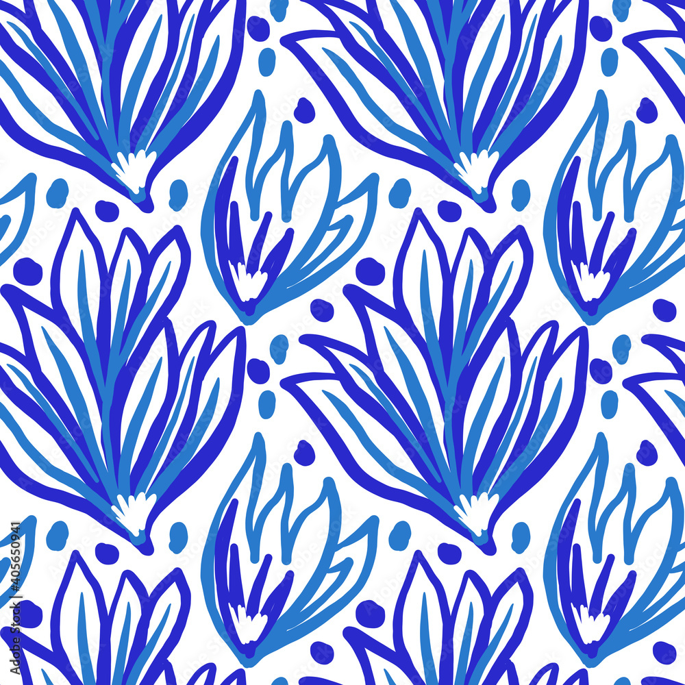 Azure blue floral linen texture background. Seamless abstract textile effect. Flower aqua melange dye pattern. Coastal cottage decor, modern sailing fashion or soft furnishing repeat cotton print