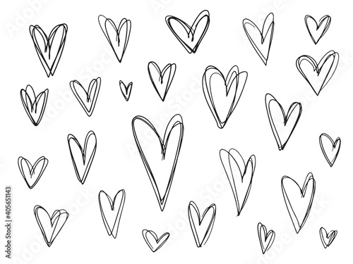 Collection of messy outline grunge textured black hearts frames for Valentines day greeting cards and banners design. Lovely stroking heart illustrations for romantic decoration