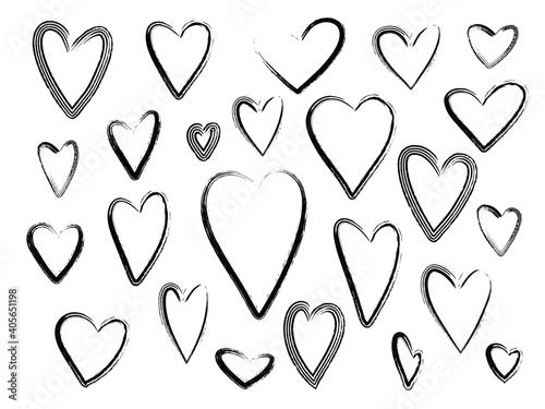 Collection of outline grunge brushes black textured hearts frames for Valentines day greeting cards and banners design. Lovely scratchy heart illustration for romantic decoration