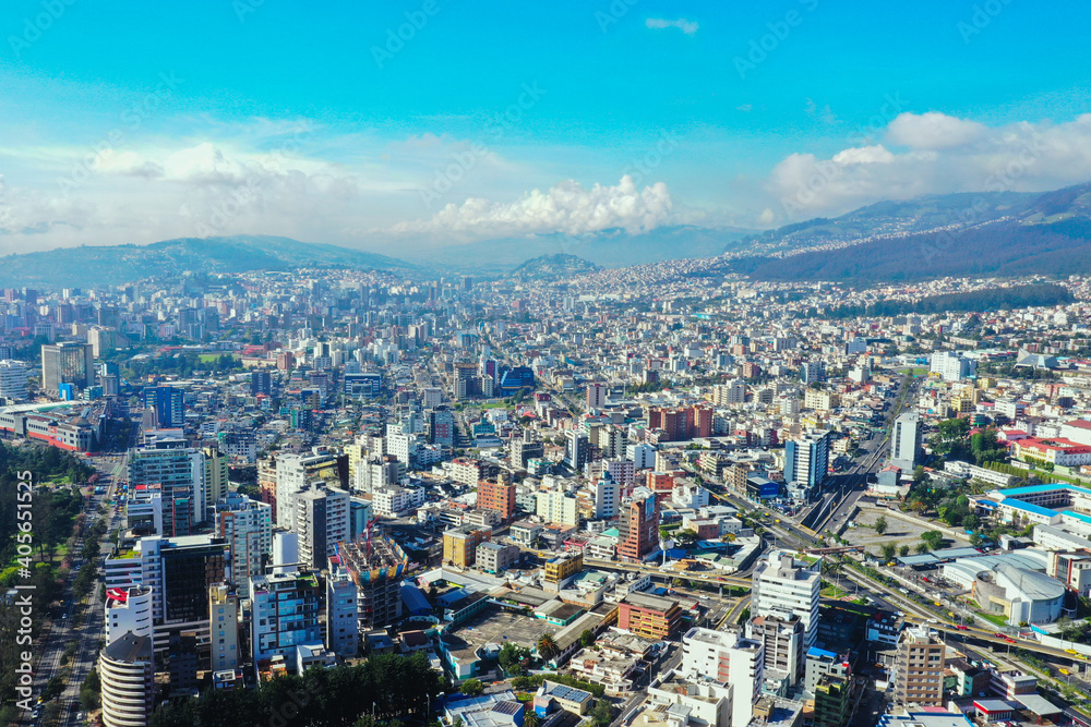 Aerial view of the cityscape of Quito, the capital city in Ecuador