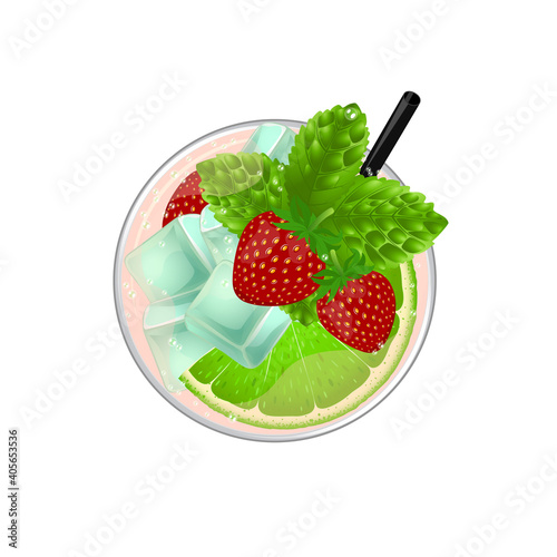 Mojito cocktail with lime, mint, strawberry and ice top view. Cold alcoholic or non-alcoholic long drink. Vector illustration on white background