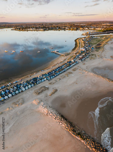 Aerial view of boats, beachhuts, Mudeford, Christchurch, Dorset, United Kingdom photo