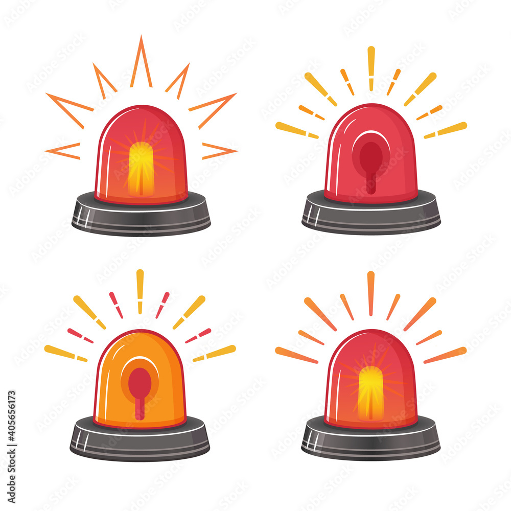 Vecteur Stock Emergency red siren icon set. Ambulance or police flasher.  Special alarm fire siren. Rotating lamp with splash light for cars. Alert  flashing beacon. Signal of danger. Warning sign. Flat vector