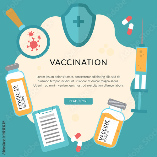 Vaccine against COVID-19 virus. Prevention injection, immunization, vaccination. Coronavirus infection treatment. Landing page template. Modern flat concept for web design.