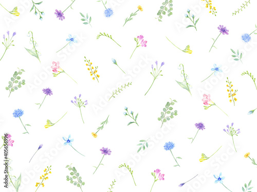水彩で描いたいろんな植物の模様　壁紙