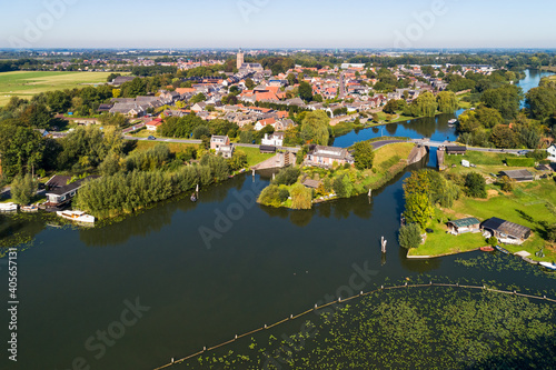 Aerial view of the city of Asperen and river Linge, Gelderland, Netherlands