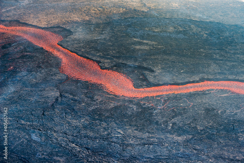 Aerial view lava flow during volcanic eruption, Holuhraun 2014, Iceland photo