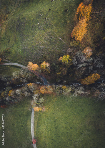 Aerial view of road winding thourgh trees and crossing creek at Kaprun, Austria. photo