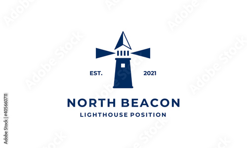 north compass arrow up with beacon lighthouse tower logo design template