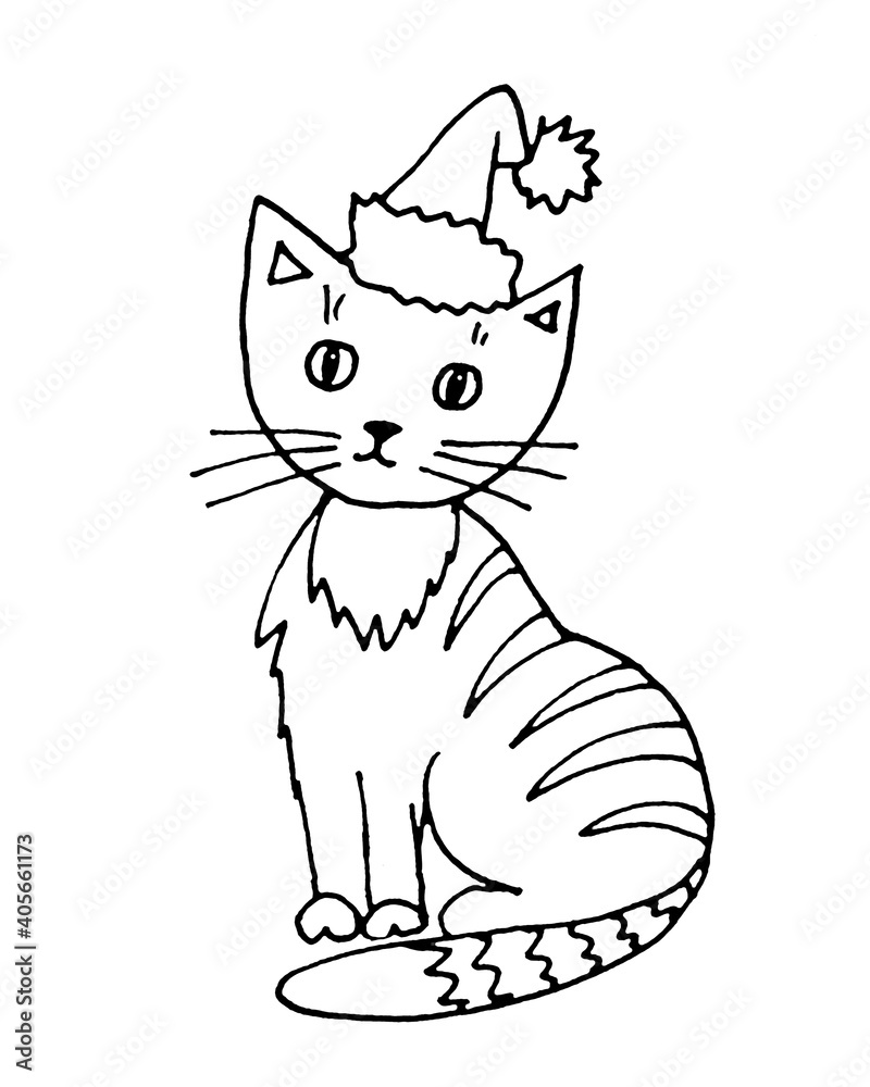 Obraz premium Tabby cat in a christmas cap, graphic black and white drawing on a white background