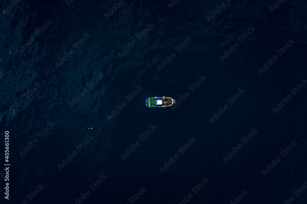 Aerial view of boat in Alboranzee, Marbella, Mallaga, Spain Aerial view of boat in Alboranzee, Marbella, Mallaga, Spain