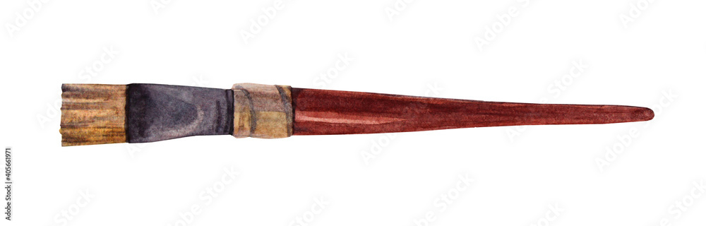 Watercolor brown repairs tool paintbrush isolated on white background. Artist creative hand-drawn object for make-up, sticker, card, sketchbook, coloring book, wrapping