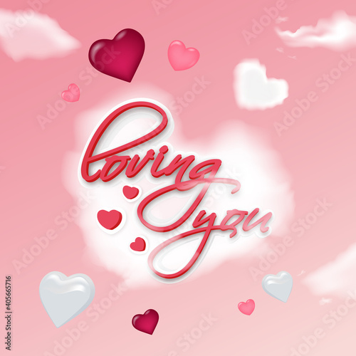 Valentine's day. Loving you script lettering text with lovely heart shapes and clouds. bright pink background. vector illustration.