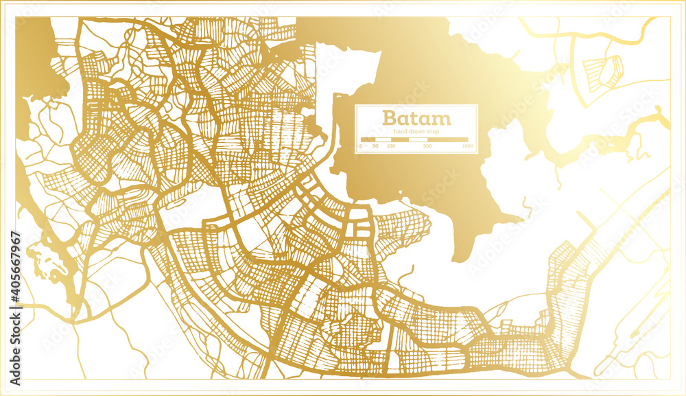 Batam Indonesia City Map in Retro Style in Golden Color. Outline Map. Batam Indonesia City Map in Retro Style in Golden Color. Outline Map.