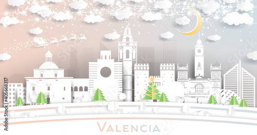 Valencia Spain City Skyline in Paper Cut Style with Snowflakes, Moon and Neon Garland.