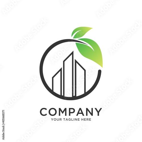 Abstract green city building logo design concept. Symbol icon of residential, apartment and city landscape.