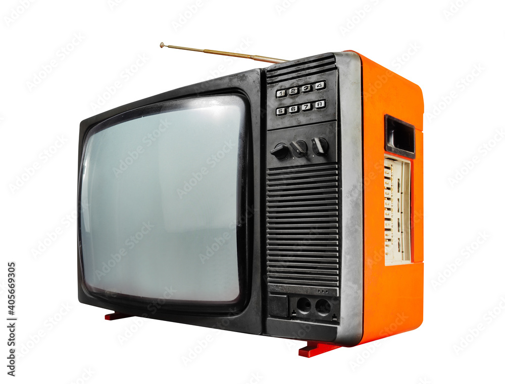 Obraz premium Isolated old-fashioned black and orange tv set on white background.