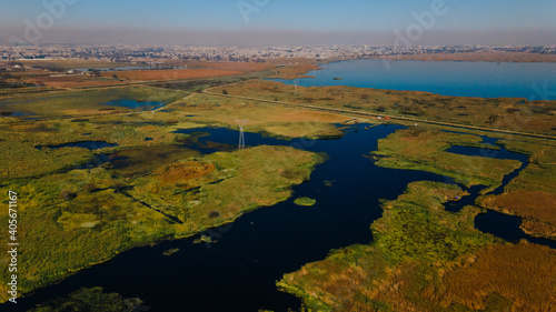 Lake landscape from an aerial shot, you can see the lagoon, reeds and aquatic plants, this wonderful place is located in San Mateo Atenco, Mexico. 2