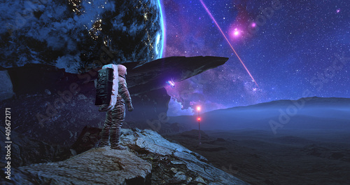 An astronaut in space suit standing on alien rocky planet under stars on the sky communicating with drone butterfly