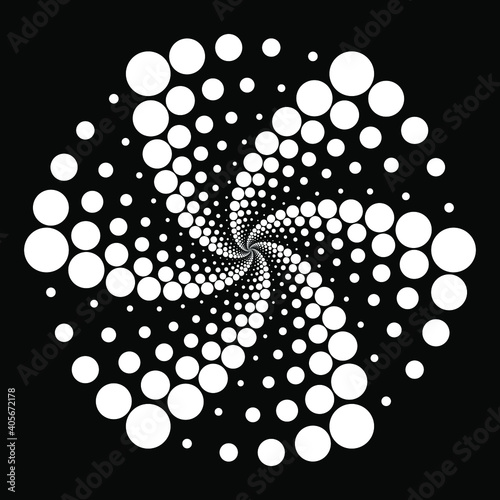 White spiral halftone dotted shape. Vector illustration. Design element for logo, sign, symbol, blackout tattoo, web pages, prints, posters, monochrome pattern and abstract background