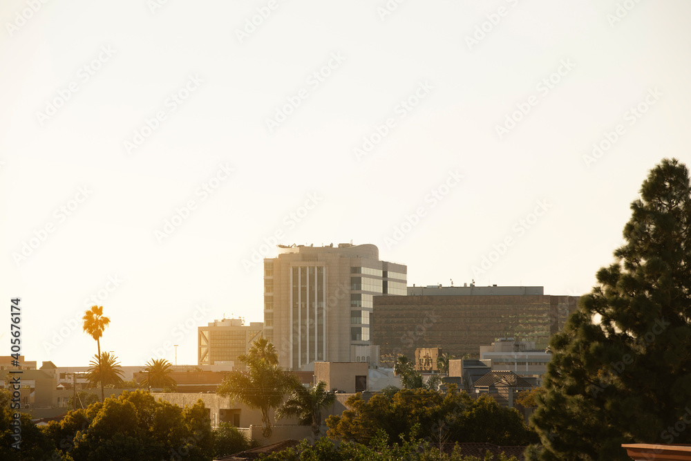 Sun shines on the historic downtown district of Santa Ana, California, USA.