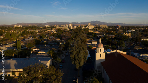 Sunset aerial view of the downtown skyline of Santa Ana, California, USA.