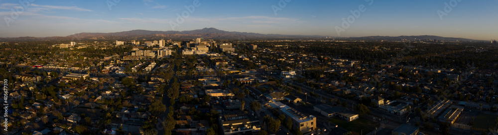 Sunset aerial view of the downtown skyline of Santa Ana, California, USA.