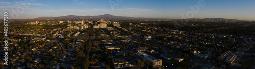 Sunset aerial view of the downtown skyline of Santa Ana, California, USA. © Matt Gush