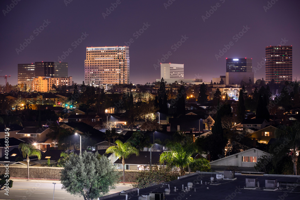 Night time view of the skyline of downtown Costa Mesa, California, USA