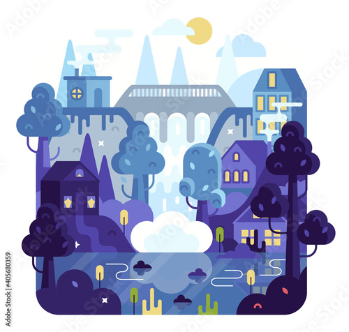 Vector cartoon illustration in flat cartoon stile, hydroelectricity power station alternative energy concept