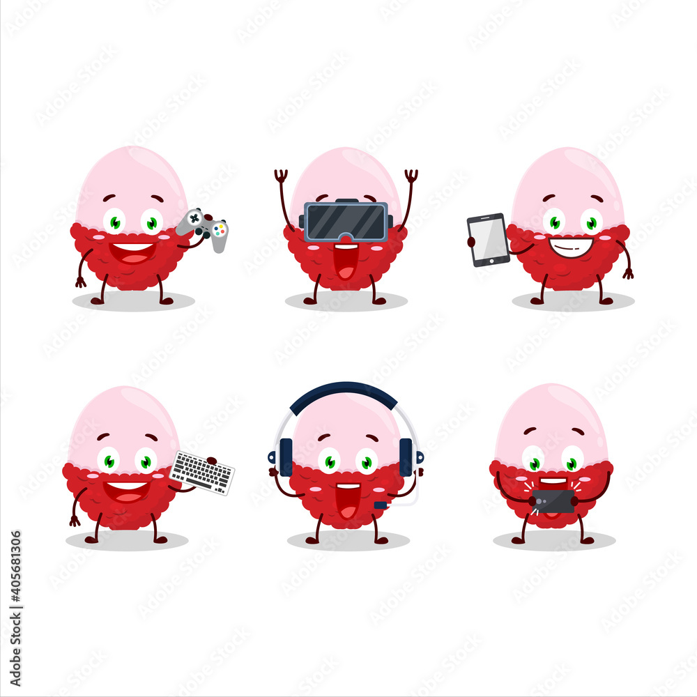 Slice of lychee cartoon character are playing games with various cute emoticons Slice of lychee cartoon character are playing games with various cute emoticons