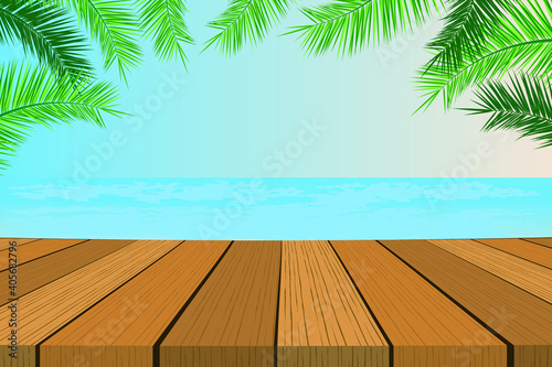 Sea beach with coconut tree leaves background illustration