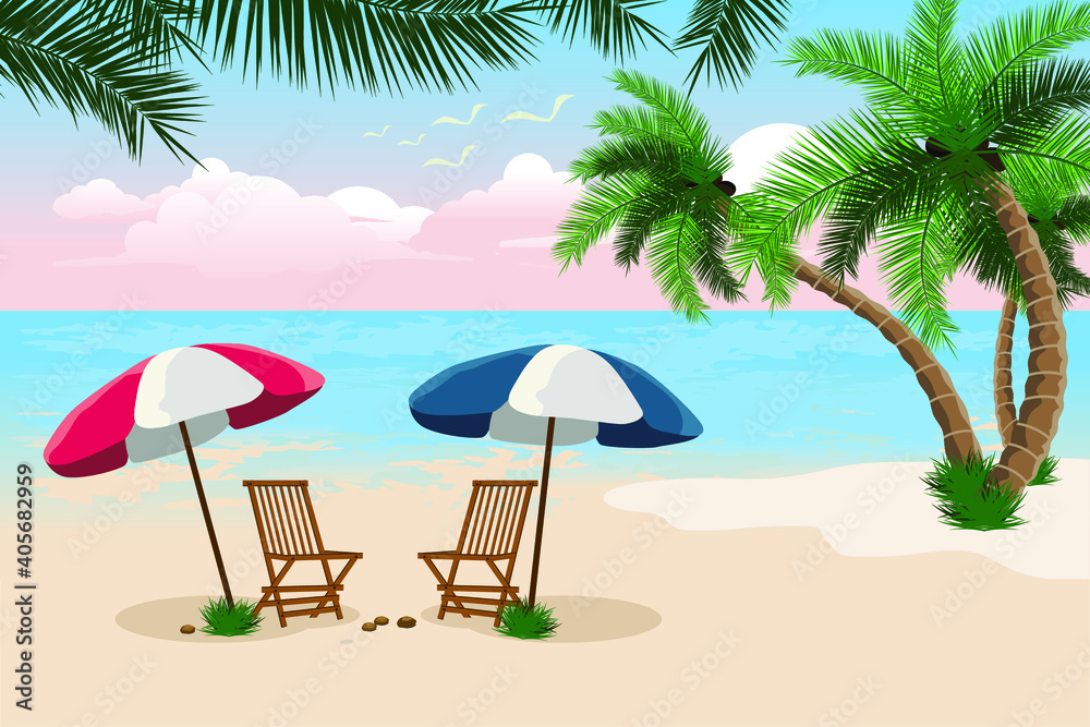 Sea beach with coconut tree leaves background illustration