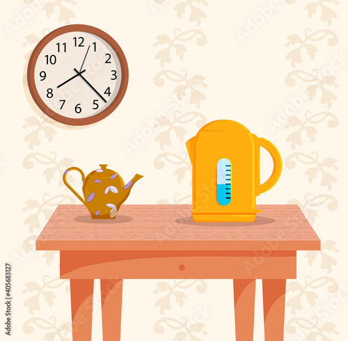 electric and ceramic teapots for tea stand in room on wooden table. Time for breakfast. Retro style apartment with old furniture. Mock up, template for retro design. Vector