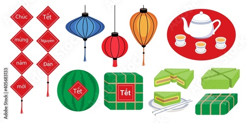 illustration vector of paper lantern light with red label Vietnamese language mean happy new year, lunar new year for frame decoration , traditional sticky rice cake and watermelon at Vietnam holiday.