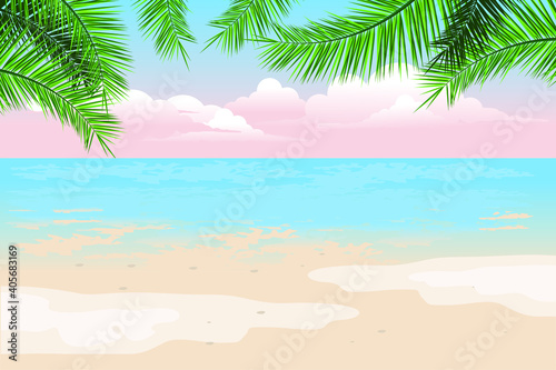 Sea beach with coconut tree leaves background illustration © Edy